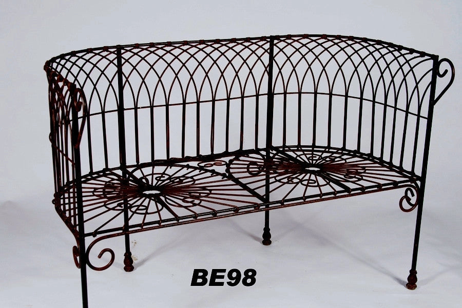 Heavy Wrought Iron Antique White French Wire Bench with Cast Feet in
