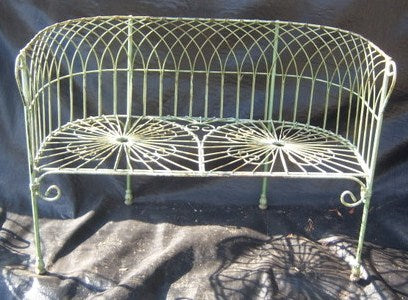 Heavy Wrought Iron Antique White French Wire Bench with Cast Feet in
