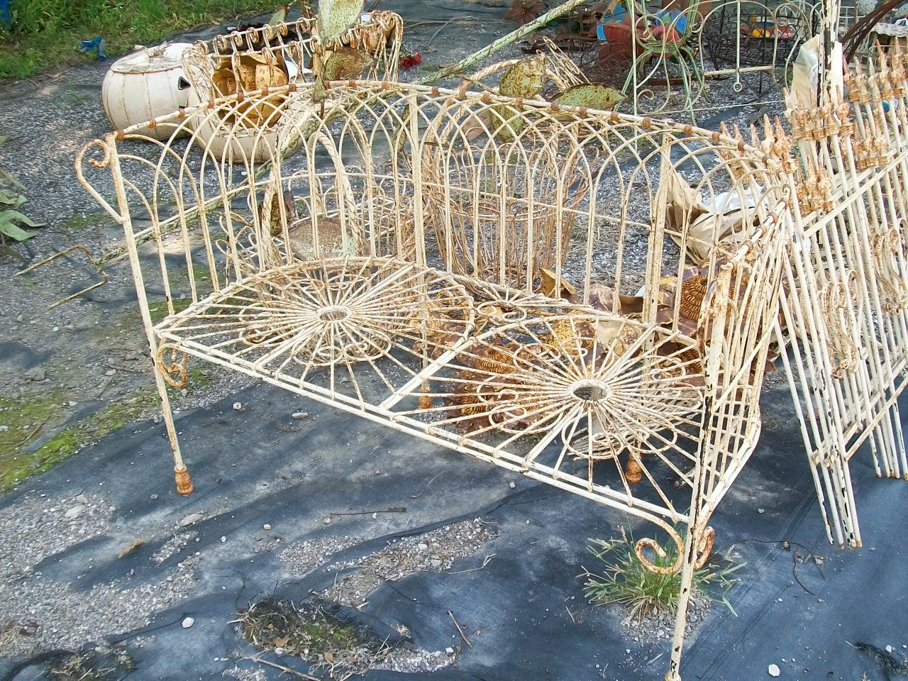 Heavy Wrought Iron Antique White French Wire Bench with Cast Feet in