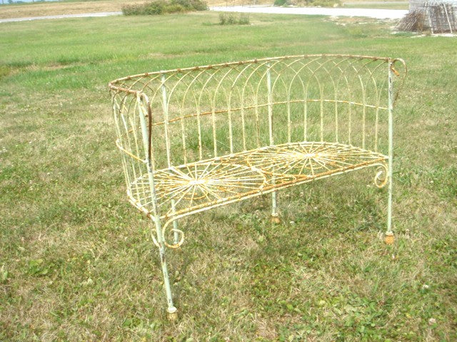 Heavy Wrought Iron Antique White French Wire Bench with Cast Feet in