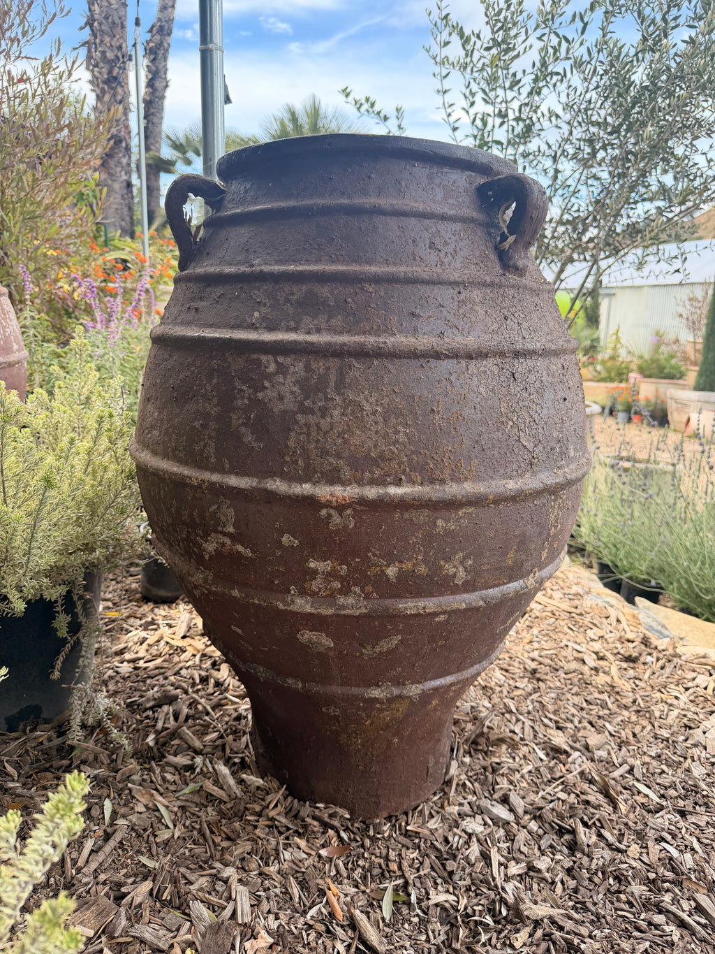 Dark Clay 3 Handle Ribbed Belly Greek Style Jar