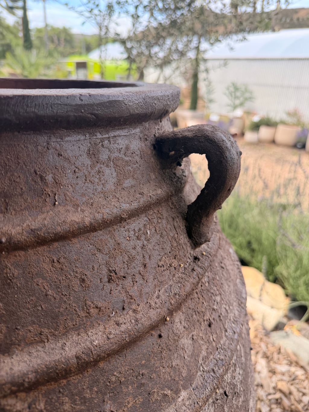 Dark Clay 3 Handle Ribbed Belly Greek Style Jar