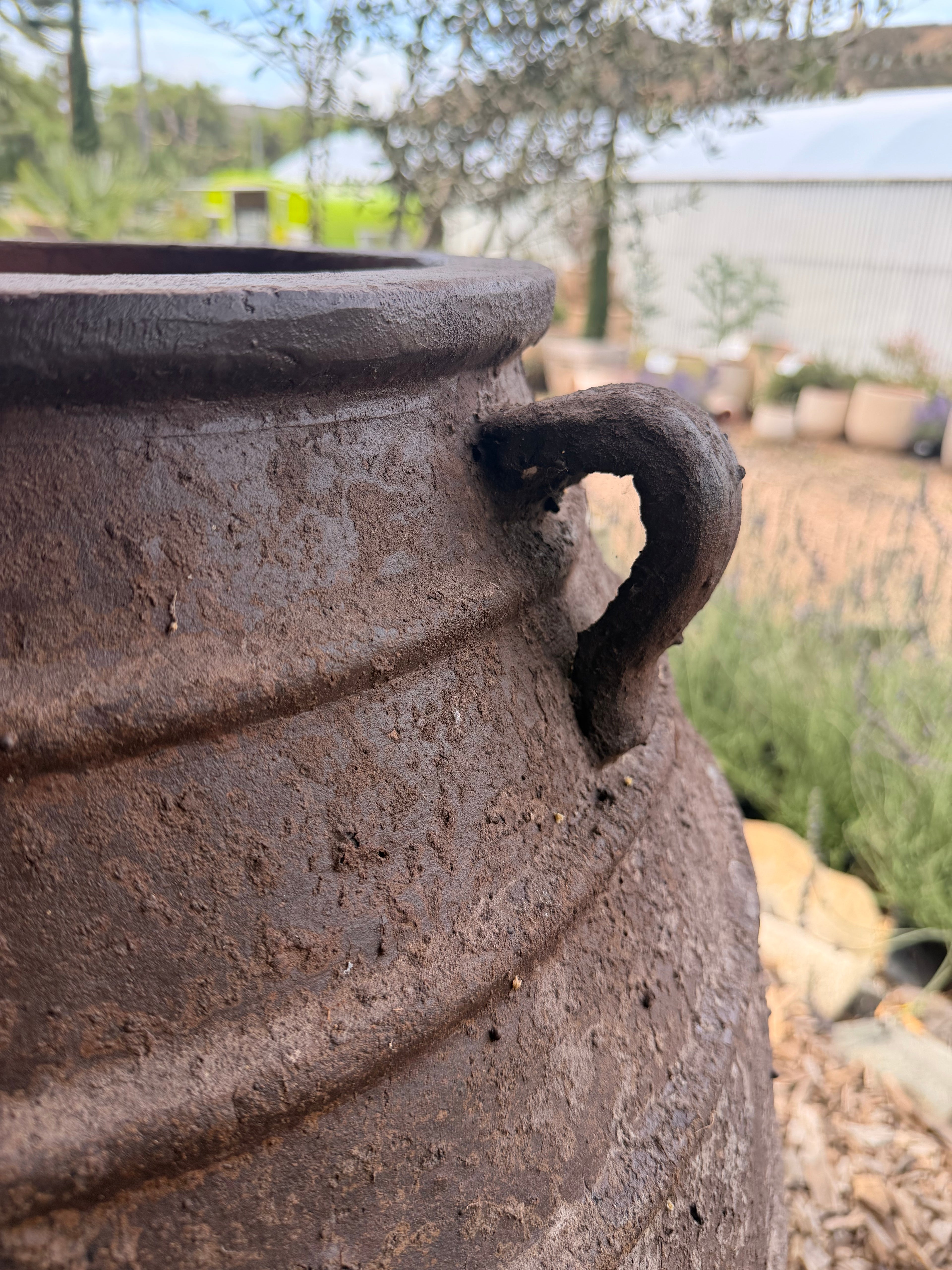 Dark Clay 3 Handle Ribbed Belly Greek Style Jar