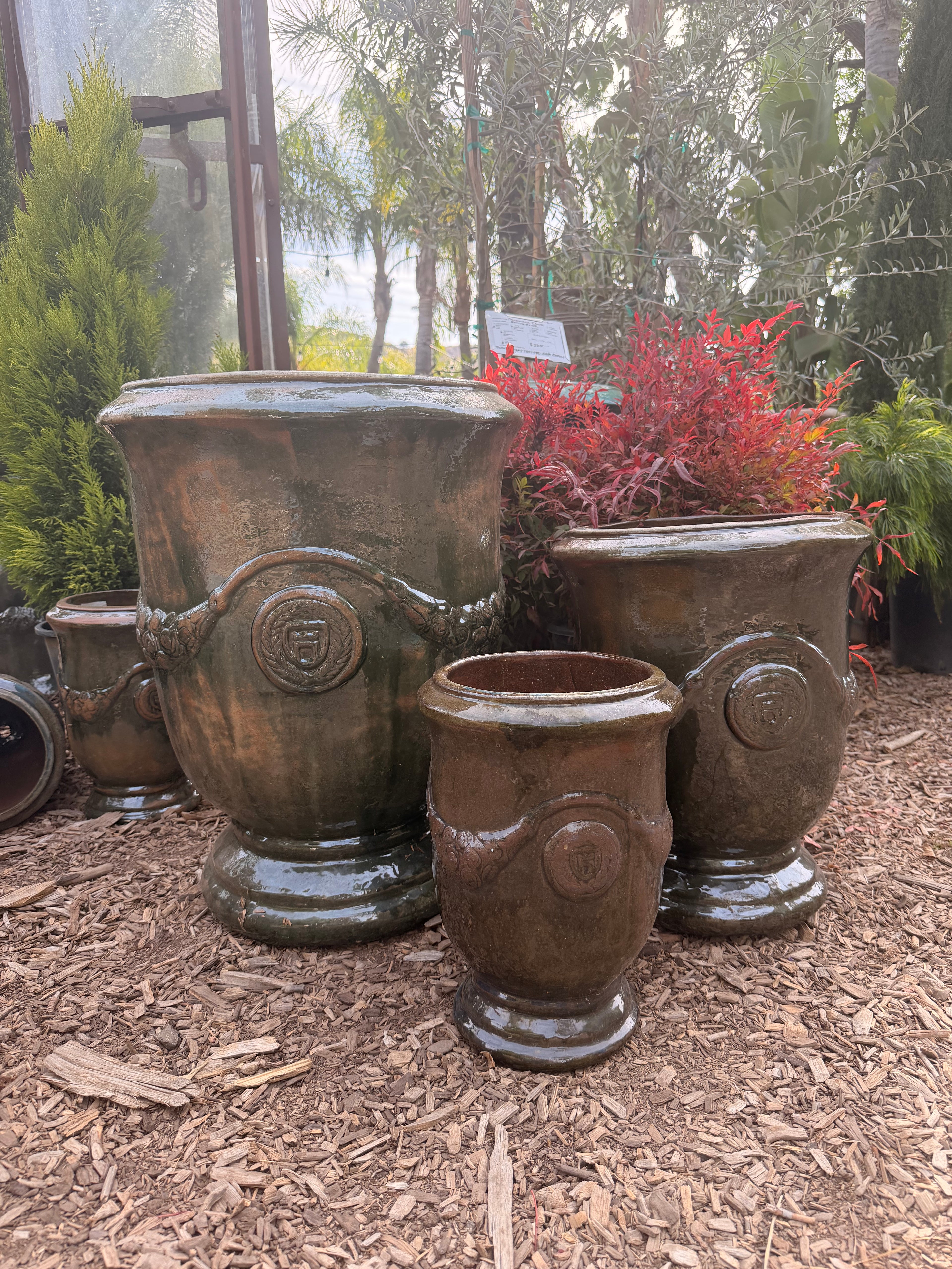 French Urns in Dark Green Moss Glaze